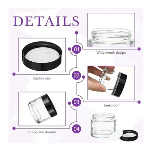12 Pcs 2 oz Clear Round Glass Jars with Black Lids- Black, Clear - Picture 3 of 5